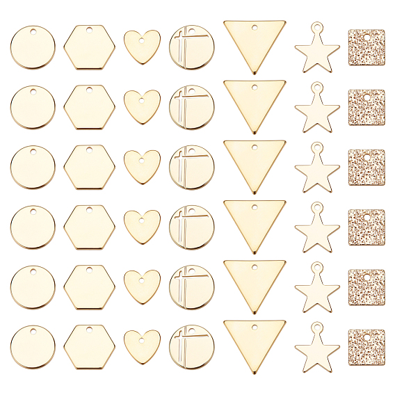 42Stk. Messing-Charms im 7-Stil, langlebig überzogen, Nickel frei, Stern & Herz & Sechseck & Dreieck & Blitzsand & Flachrund