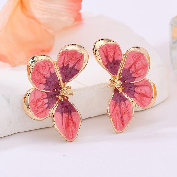 Zinc Alloy Enamel Stud Earrings for Women, Flower, Golden