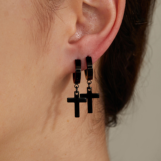 Хип-хоп стиль 201 серьги-кольца с подвеской-крестиком из нержавеющей стали для женщин