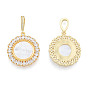 Brass Micro Pave Clear Cubic Zirconia Pendants, with Shell, Nickel Free, Real 18K Gold Plated, Flower with Saint