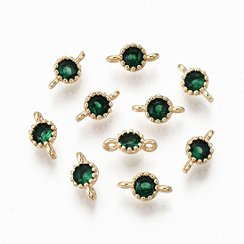 Brass Micro Pave Green Cubic Zirconia Links Connectors, Nickel Free, Flat Round