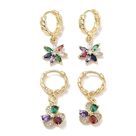 Real 18K Gold Plated Brass Dangle Hoop Earrings, with Cubic Zirconia and Glass, Flower
