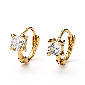 Brass Micro Pave Clear Cubic Zirconia Huggie Hoop Earrings, Ring with Flat Round