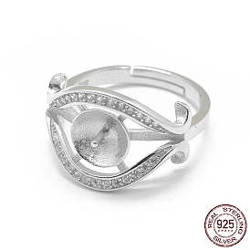 Adjustable 925 Sterling Silver Finger Ring Components, For Half Drilled Beads, with Cubic Zirconia, Eye