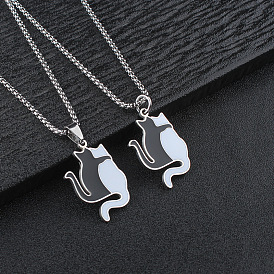 304 Подвеска в виде кошки из нержавеющей стали с эмалью, черно-белая, цепочка-коробочка для мужчин