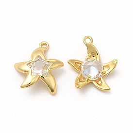 Rack Plating Brass Micro Pave Cubic Zirconia Pendants, Real 18K Gold Plated, Long-Lasting Plated, Starfish Charm