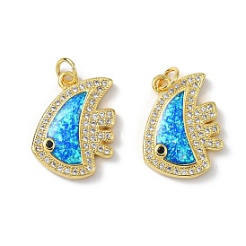 Brass Micro Pave Cubic Zirconia Pendants, with Synthetic Opal and Jump Ring, Fish