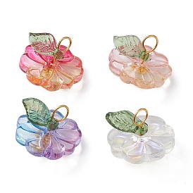 Transparent Glass Flower with Acrylic Leaf Pendants, with Brass Loops
