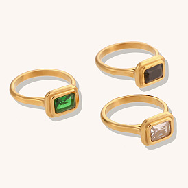 Square Zircon Ring with Vintage 18K Gold Plating - Fashionable Stainless Steel Jewelry
