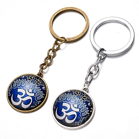 Ohm/Aum Alloy Glass Pendant Keychains, Yoga Theme Keychains, with Alloy Findings