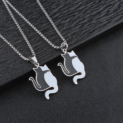 304 Подвеска в виде кошки из нержавеющей стали с эмалью, черно-белая, цепочка-коробочка для мужчин