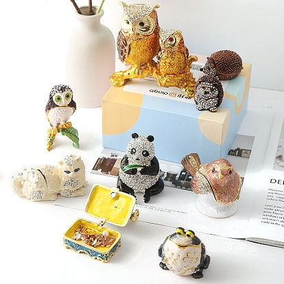 Шкатулки для безделушек из сплава, хрустальные, со стразами, металлические, на петлях, коллекционные фигурки животных эмалированные футляры, домашнего декора, в форме лягушки/ёжика/кошки/птицы/швейной машинки