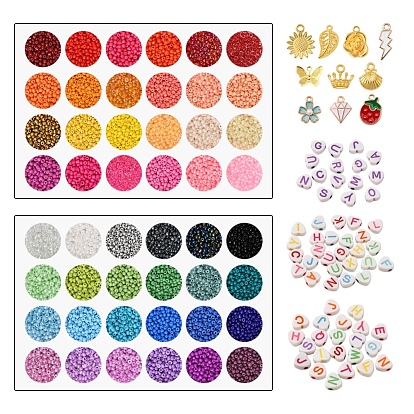 DIY Letter & Seed Beads Jewelry Set Making Kit, Including Glass Seed Beads, Alloy Pendants & Clasps, Iron Charms & Bead Tips & Jump Rings, Acrylic Heart Beads, Elastic Thread
