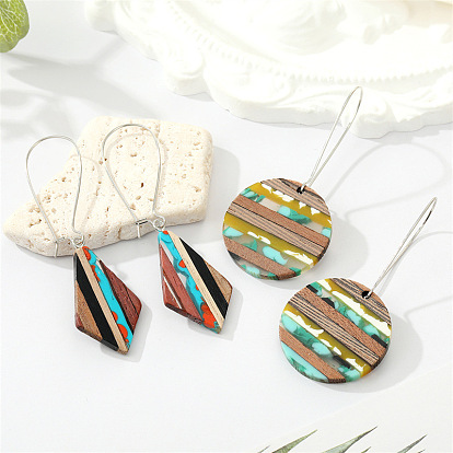 Bohemian Colorful Wooden Resin Earrings with Geometric Pendant and Hook