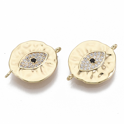 Real 18K Gold Plated Brass Micro Pave Clear Cubic Zirconia Links, Nickel Free, Flat Round with Eye