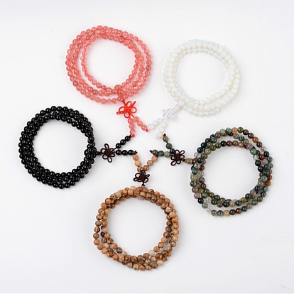 3 Loops Natural Gemstone Beaded Wrap Bracelets, 620~660mm