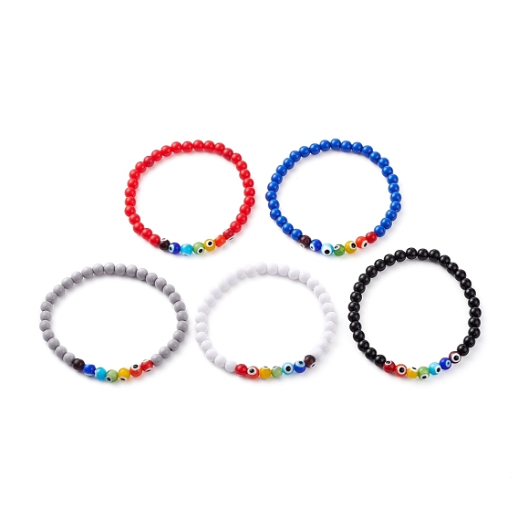 Opaque Acrylic Stretch Bracelets, with Evil Eye Lampwork Round Beads