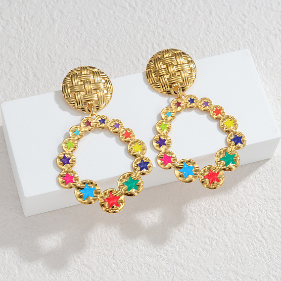 304 Stainless Steel Enamel Stud Dangle Earrings, Round with Star, Real 18K Gold Plated