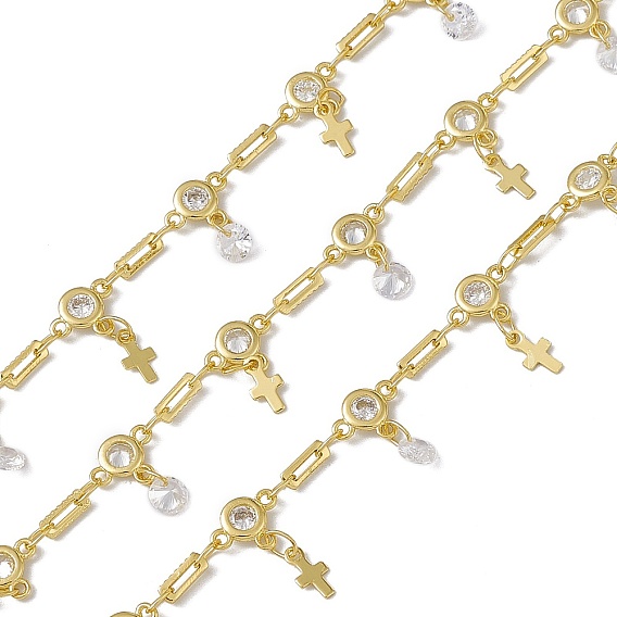 Brass Rectangle & Cubic Zirconia Flat Round Link Chains, with Cross Charms, with Spool, Soldered, Long-Lasting Plated, Cadmium Free & Nickel Free & Lead Free