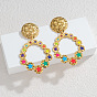 304 Stainless Steel Enamel Stud Dangle Earrings, Round with Star, Real 18K Gold Plated
