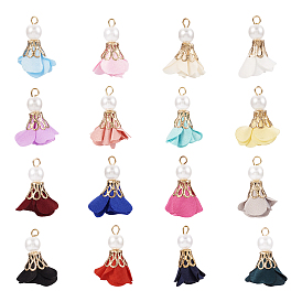 32pcs 16 Farben Blume Chiffon Anhänger, mit abs-Kunststoffimitatperle, golden