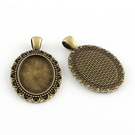 Tibetan Style Oval Alloy Pendant Cabochon Settings, Lead Free & Cadmium Free, Tray: 25x18mm, Fit for 1.5mm, 43x27x7mm, Hole: 6mm, about 185pcs/1000g