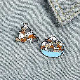 Cute Cat Playing in Bowl Brooch Pin with Stacked Animal Design