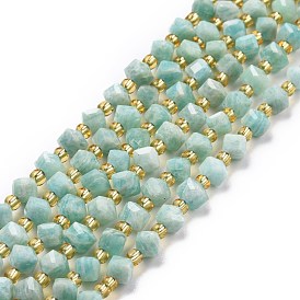Natural Amazonite Beads Strands, with Seed Beads, Faceted, Diagonal Cube Beads