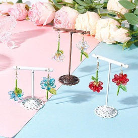 304 болтаться серьги из нержавеющей стали цветок, с граненой биконической стеклянной бусиной и круглой стеклянной бусиной с перламутровым покрытием, окрашенной в процессе выпечки, нейлоновой нитью и прозрачным акрилом, золотые