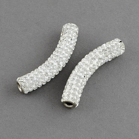 Polymer Clay Grade A Rhinestone Curved Tube Beads, Curved Tube Noodle Beads, with Double Brass Platinum Color Core, 46x9mm, Hole: 3.5mm