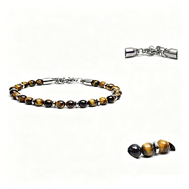 Bracelets ronds en perles de pierres précieuses avec fermoirs en acier inoxydable, couleur inox
