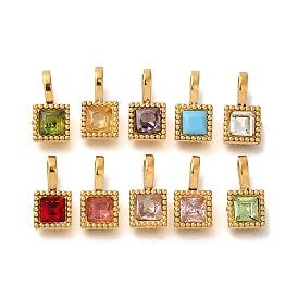 Ion Plating(IP) 304 Stainless Steel Rhinestone Pendants, Square Charms, Real 14K Gold Plated