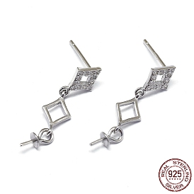 925 hallazgos de aretes de plata esterlina, con circonita, por medio perforó perlas, rombo, Claro