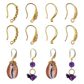 4 Pairs 4 Style Brass Earring Hooks, Long-Lasting Plated, with Micro Pave Clear Cubic Zirconia