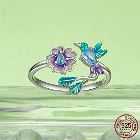 925 открытые манжеты из стерлингового серебра с микропаве из кубических цирконий для женщин, птица с цветком, родий