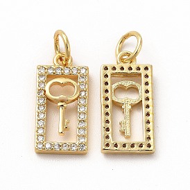 Rack Plating Brass Micro Pave Cubic Zirconia Charms, with Jump Ring, Real 18K Gold Plated, Long-Lasting Plated, Rectangle with Key Charm