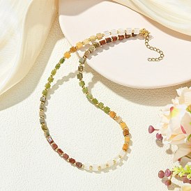 Gradient Natural Unakite & Quartz Crystal & Chinese Southern Jade & Yellow Aventurine & Sesame Jasper Cube Beaded Necklaces with Brass Round Beads, Colorful