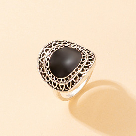 Винтажное кольцо с черным сапфиром, уникальным дизайном с вырезом для капель масла и широким ремешком