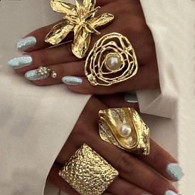 Кольца-манжеты из цинкового сплава и искусственного жемчуга для женщин, цветок, самородки и квадрат