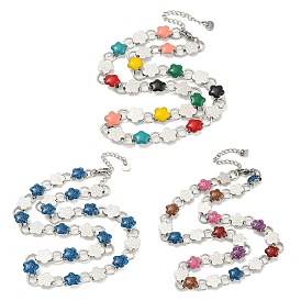 304 Stainless Steel Enamel Flower Link Chain Necklaces, Stainless Steel Color