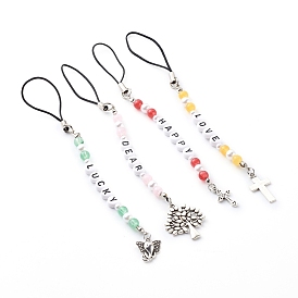 4Pcs 4 Styles Acrylic Beaded Mobile Straps Sets, with Alloy Pendants, ABS Plastic Beads and Nylon Cord, Cross/Tree/Elephant, Antique Silver