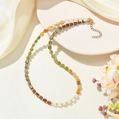 Gradient Natural Unakite & Quartz Crystal & Chinese Southern Jade & Yellow Aventurine & Sesame Jasper Cube Beaded Necklaces with Brass Round Beads, Colorful