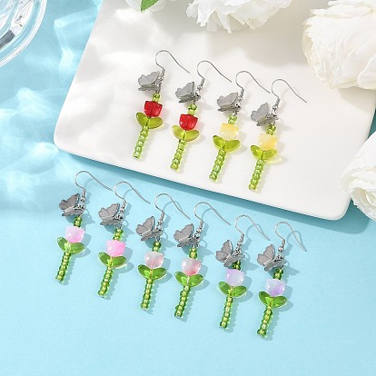 5 пары серег-лэмпворк ручной работы с подвесками в виде цветка и бабочки, с 201 подвесками из нержавеющей стали и стеклянными бусинами, платина