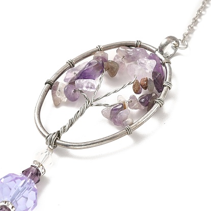Amethyst Pendant Decoration, Hanging Suncatcher, with Stainless Steel Rings and Oval Alloy Frame, Teardrop