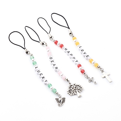 4Pcs 4 Styles Acrylic Beaded Mobile Straps Sets, with Alloy Pendants, ABS Plastic Beads and Nylon Cord, Cross/Tree/Elephant, Antique Silver