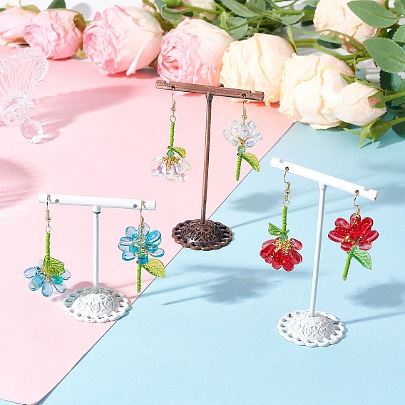 304 болтаться серьги из нержавеющей стали цветок, с граненой биконической стеклянной бусиной и круглой стеклянной бусиной с перламутровым покрытием, окрашенной в процессе выпечки, нейлоновой нитью и прозрачным акрилом, золотые