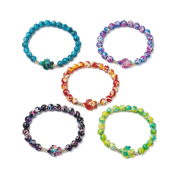 Эластичные браслеты круглые окрашенные синтетические бирюзовые бусины, Летние пляжные браслеты с черепаховыми звеньями для женщин