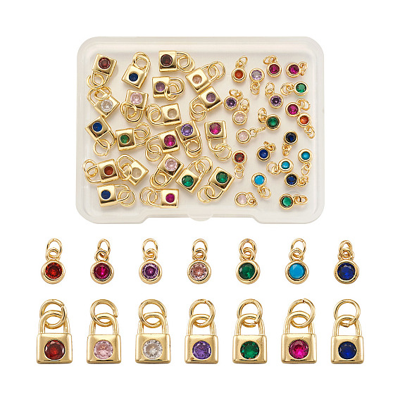 56 шт 14 стиль латунные микропаве подвески из фианита, плоский круглый и замок