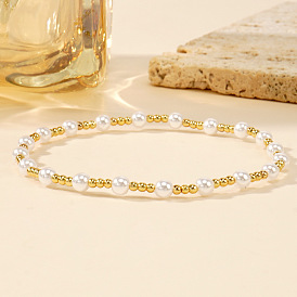 Minimalist Brass Beads Stretch Bracelets, Plastic Imitation Pearl Beaded Bracelets for Women