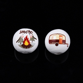 Camping Theme Printed Wooden Beads, Round with Fire/Vehicle/Camping Themed Pattern